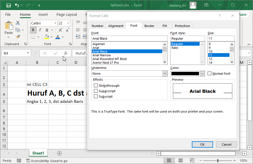 Font style kombinasi di Excel