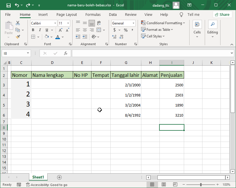 Format angka di tab Home