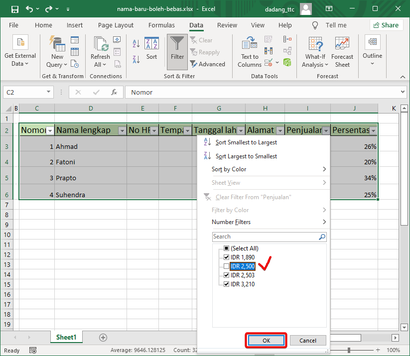 Contoh filter aktif di Excel