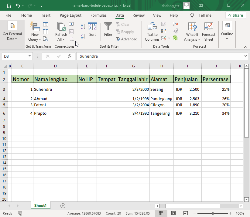 Menu Sort di Excel