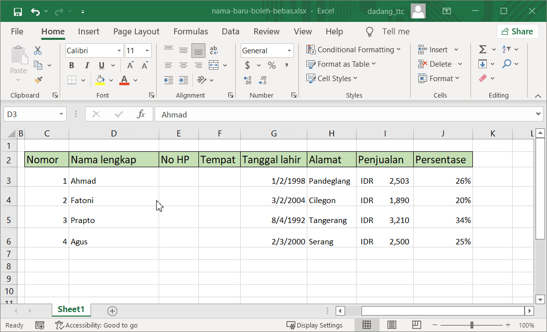 Hasil pencarian di Excel