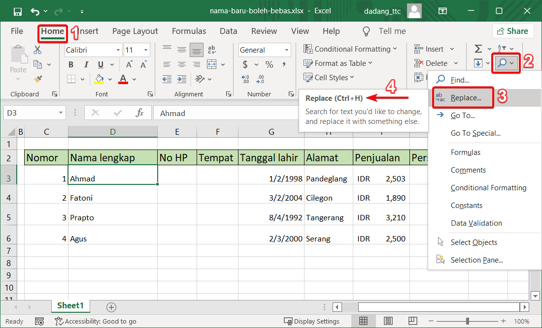 Fitur Replace di Excel