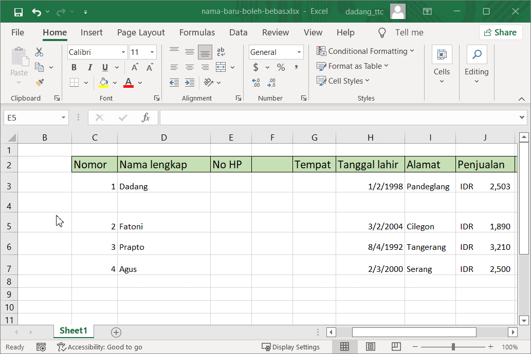 Delete Row di Excel