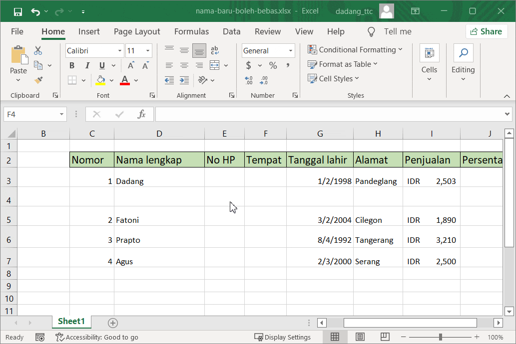 Insert Column di Excel