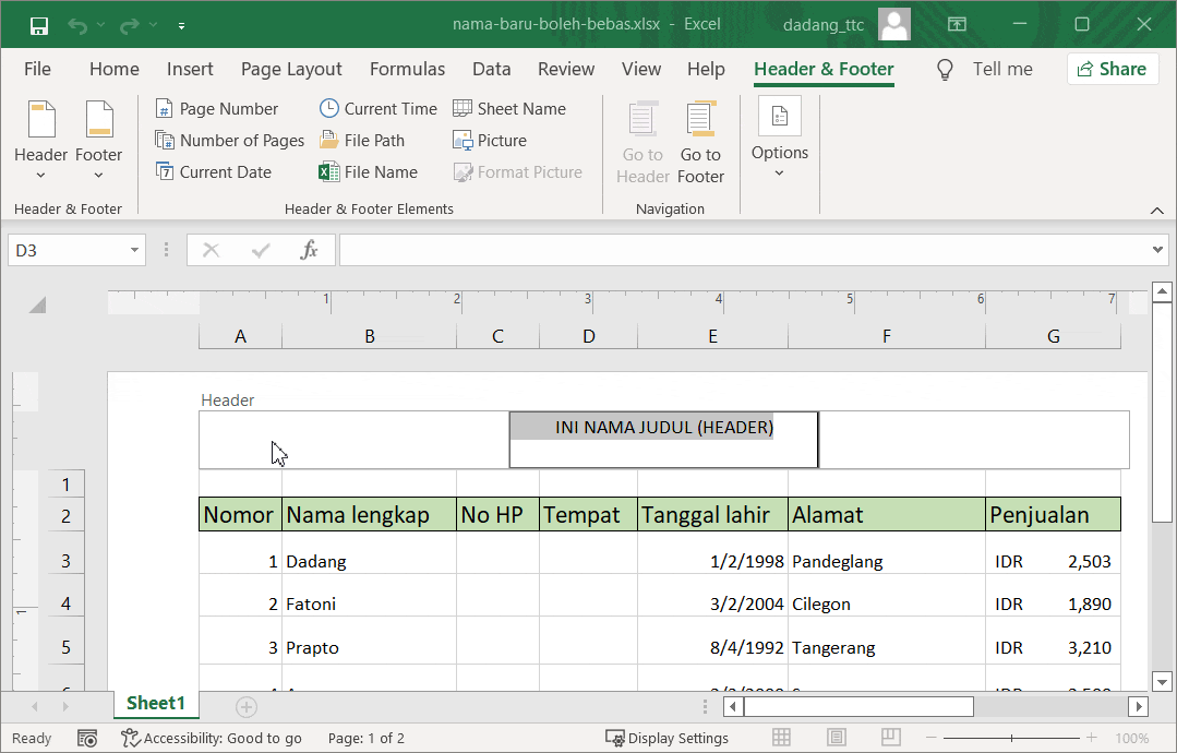 Header & Footer Tools di Excel