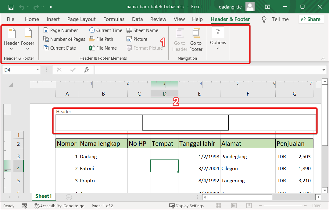 Tampilan header box Excel
