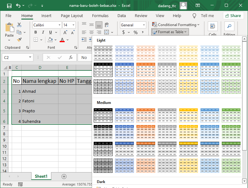 Menu Format as Table Excel