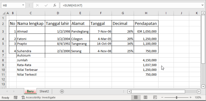 Hasil format mata uang Excel