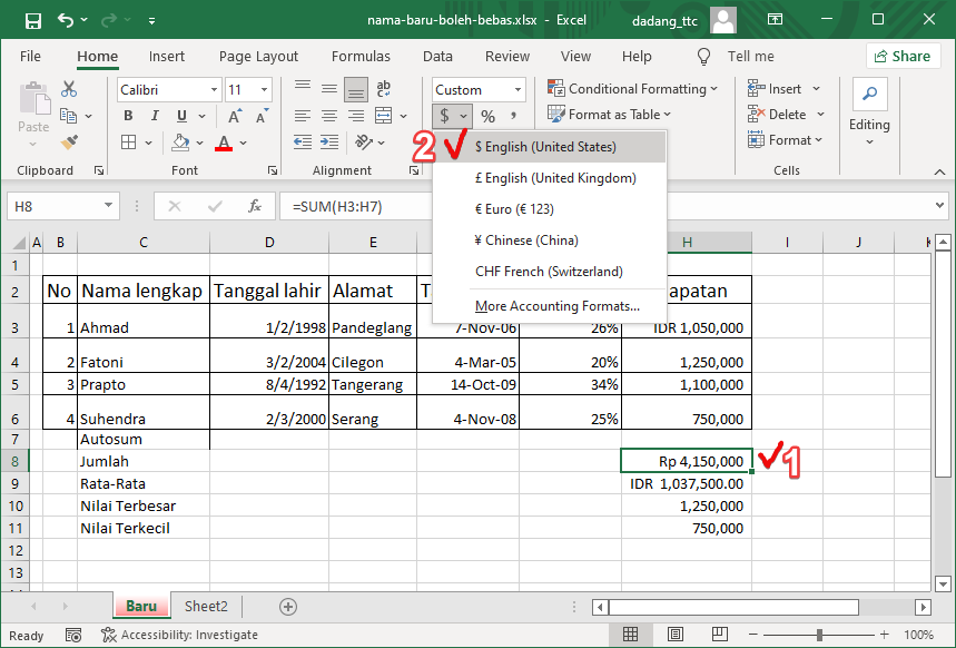 Memilih simbol mata uang Excel