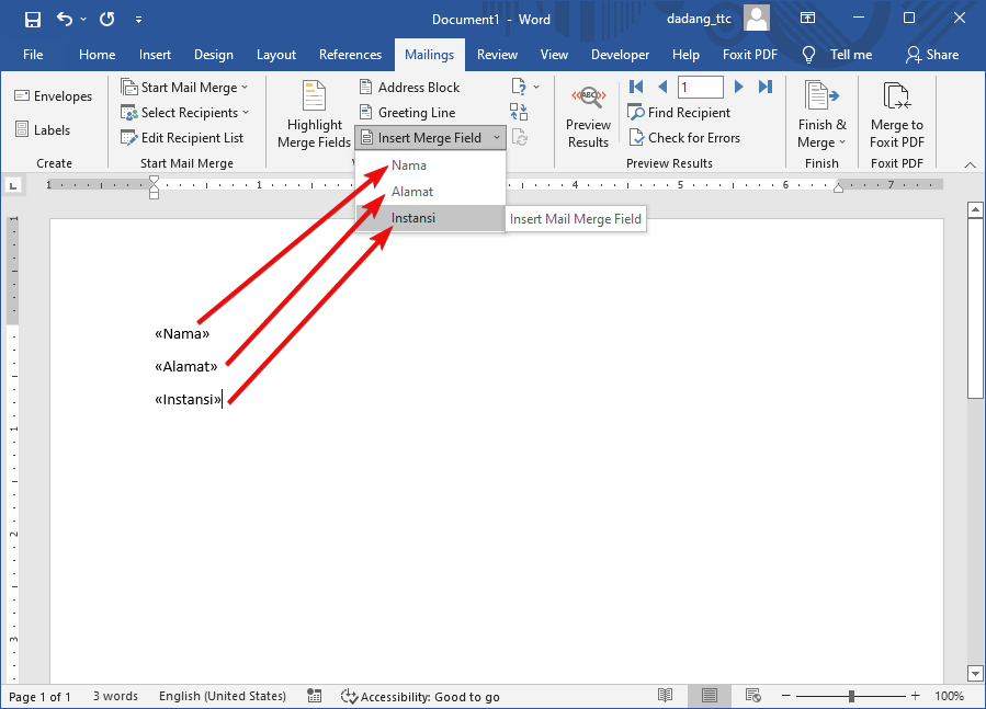 Insert Merge Field di Word