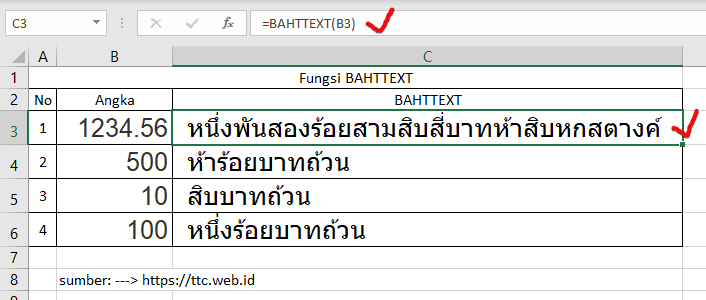 Hasil Fungsi BAHTTEXT Excel