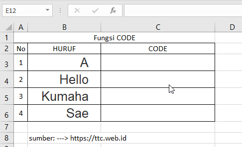 Contoh Fungsi CODE Excel