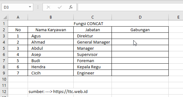 Contoh Fungsi CONCAT Excel