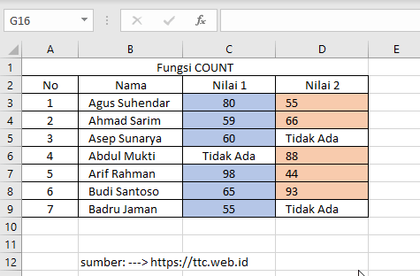 Contoh Fungsi COUNT Excel Dengan 2 Value