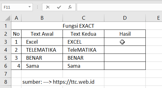Contoh Fungsi EXACT Excel