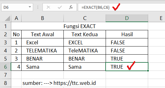 Hasil Fungsi EXACT Excel