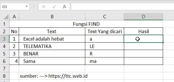 Contoh Fungsi FIND Excel