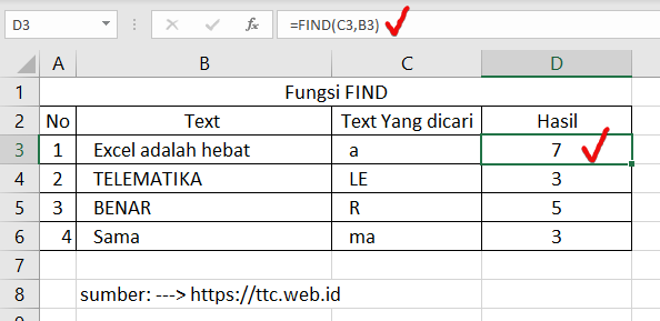 Hasil Fungsi FIND Excel