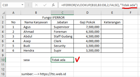 Hasil Fungsi IFERROR Excel