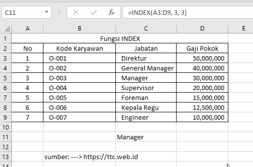 Contoh Fungsi INDEX Excel
