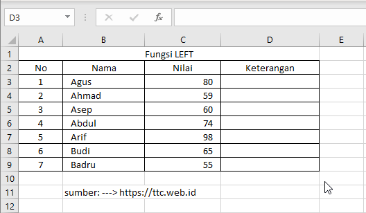 Contoh Fungsi LEFT Excel