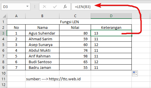 Hasil Fungsi LEN Excel