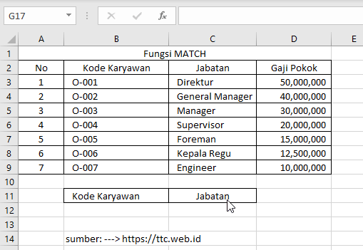 Contoh Fungsi MATCH Excel Vertikal