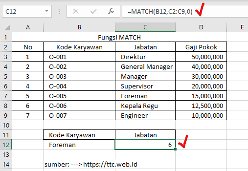 Hasil Fungsi MATCH Excel Vertikal