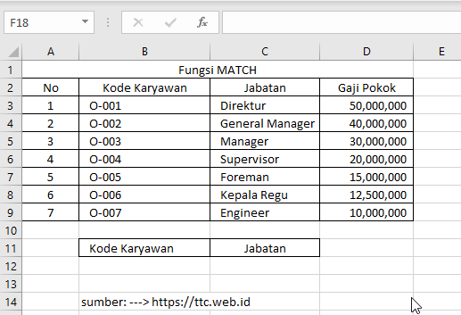 Contoh Fungsi MATCH Excel Horizontal