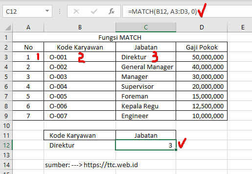 Hasil Fungsi MATCH Excel Horizontal