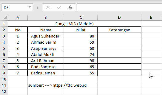 Contoh Fungsi MID Excel