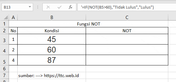 Contoh Fungsi NOT Excel