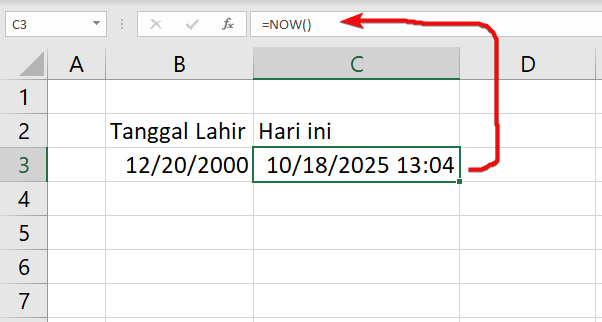 Hasil Fungsi NOW Excel