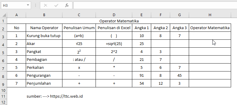Operator Matematika Excel
