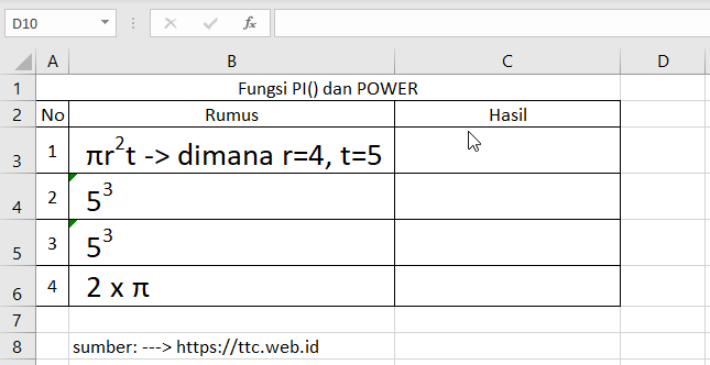 Contoh Fungsi PI & POWER Excel