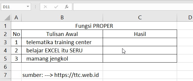 Contoh Fungsi PROPER Excel