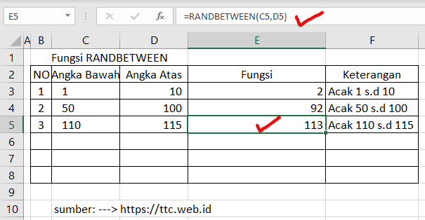 Hasil Fungsi RANDBETWEEN Excel