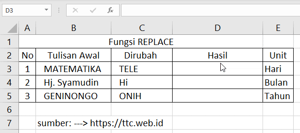 Contoh Fungsi REPLACE Excel
