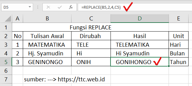 Hasil Fungsi REPLACE Excel