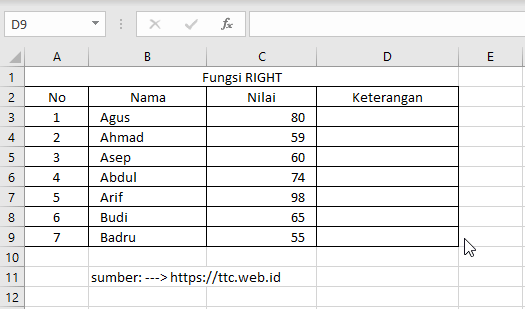 Contoh Fungsi RIGHT Excel
