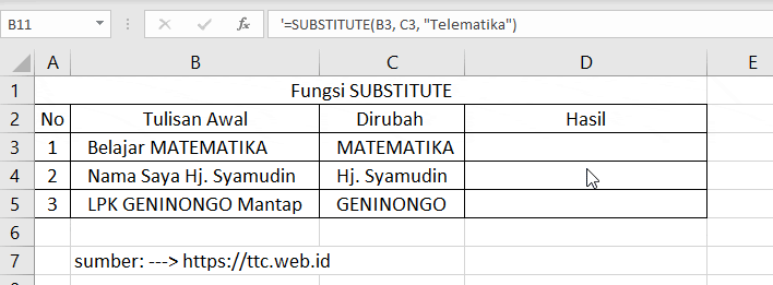 Contoh Fungsi SUBSTITUTE Excel