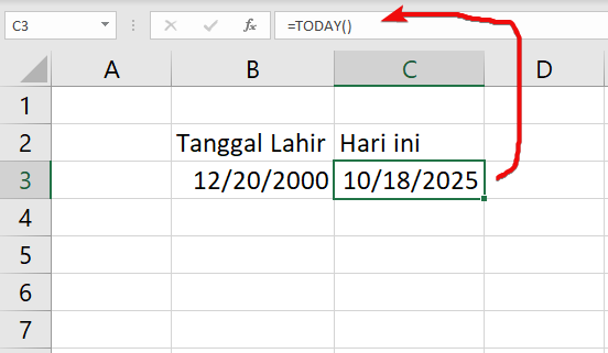 Hasil Fungsi TODAY Excel