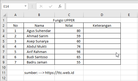 Contoh Fungsi UPPER  Excel