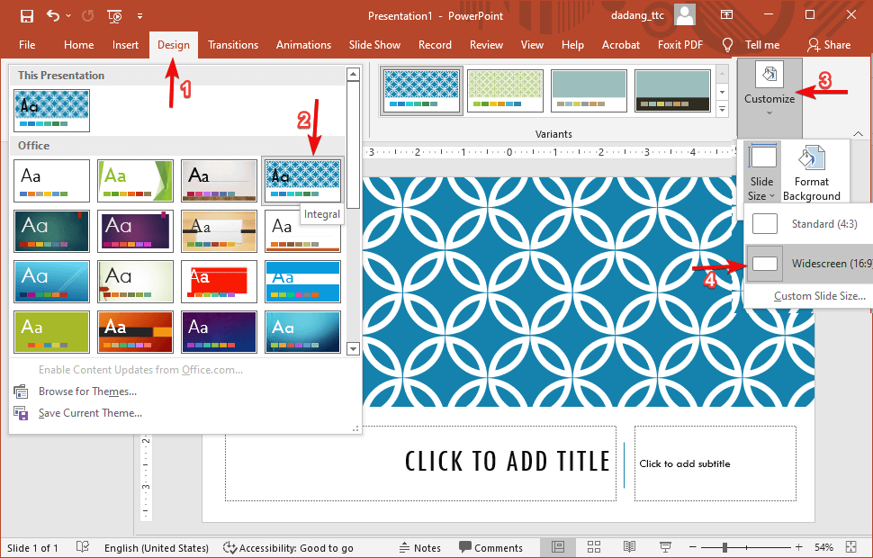 Tab Design PowerPoint, Theme & Slide Size