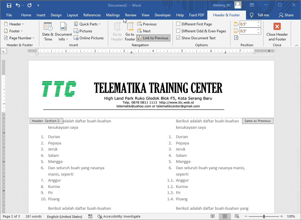 Cara mengaktifkan opsi Different First Page