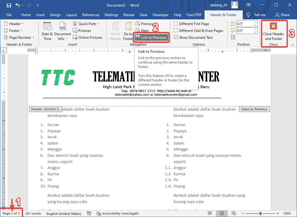 Link to Previous Header
