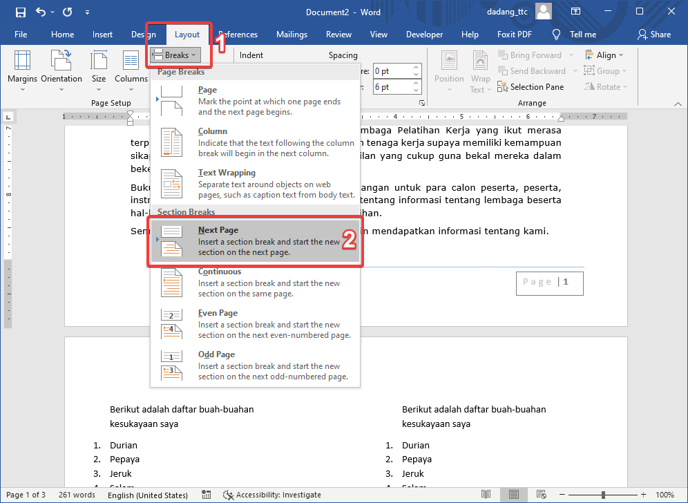 Insert Section Break Word