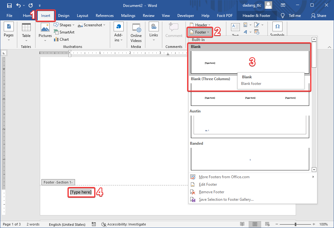 Insert Footer di Word