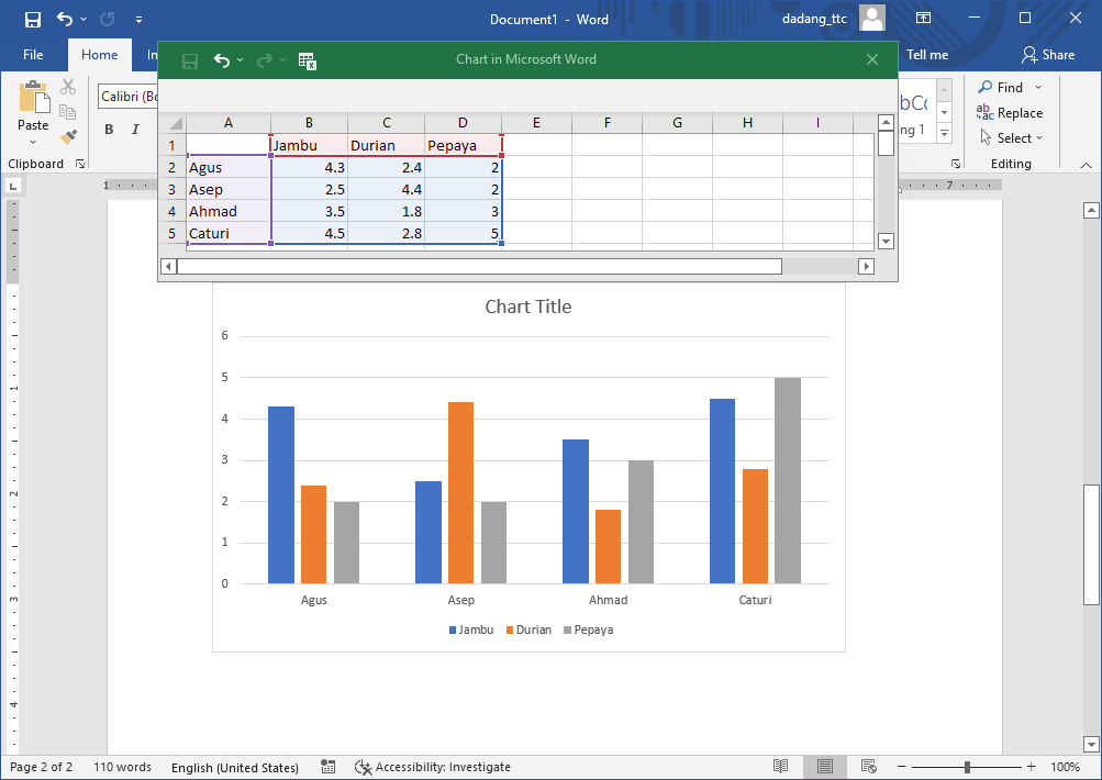 Contoh input data grafik di Word menggunakan lembar kerja Excel mini