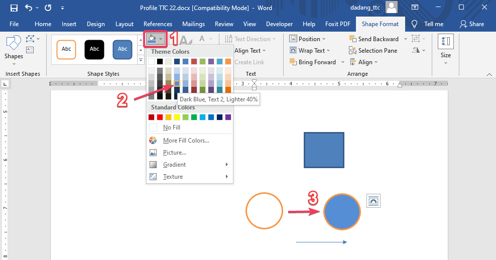 Pengaturan warna dan efek Shape